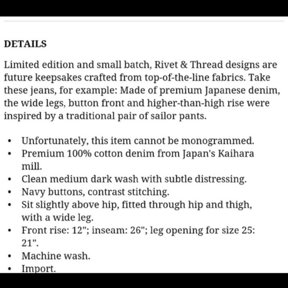 Rivet + Thread High Rise Wide Leg Sailor Jean - Picture 3 of 4